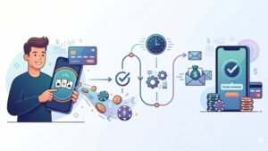 Современная иллюстрация с покерными фишками и часами, символизирующая сроки выплат в онлайн-покере.